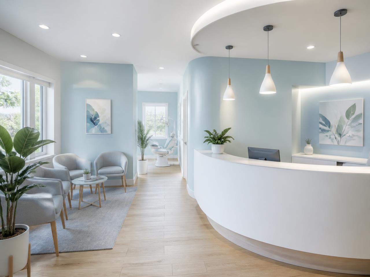 Recepção moderna e iluminada da Jpvm Odontologia